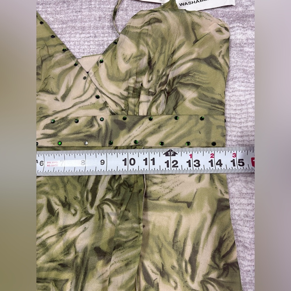NWT Silk Washable Sundress Womens Sz 6 Green Tropical Bling Y2K Fairy - Picture 5 of 9